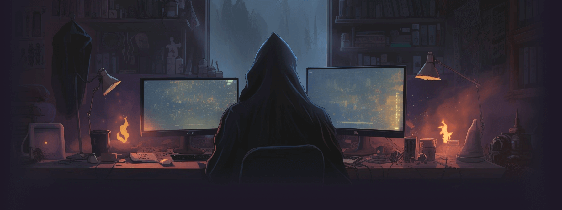 Cloaked figure sitting at a computer